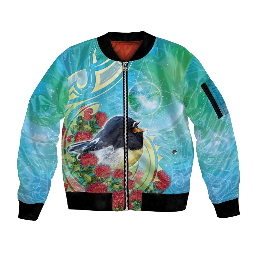 New Zealand Tomtit Sleeve Zip Bomber Jacket Maori Koru With Pohutukawa Galaxy Style - Aussie Hoodie