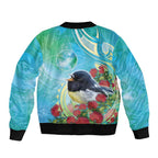 New Zealand Tomtit Sleeve Zip Bomber Jacket Maori Koru With Pohutukawa Galaxy Style - Aussie Hoodie