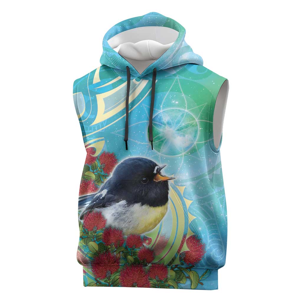 New Zealand Tomtit Sleeveless Hoodie Maori Koru With Pohutukawa Galaxy Style - Aussie Hoodie