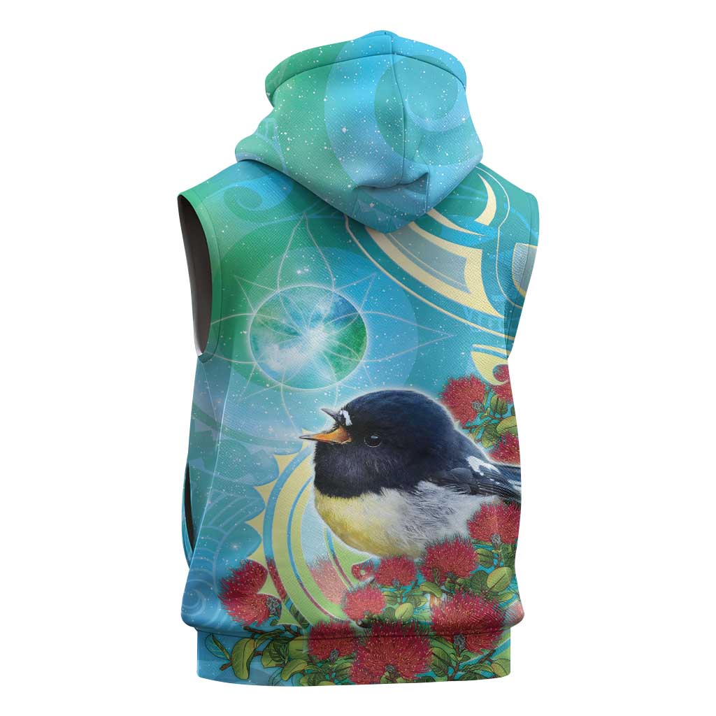 New Zealand Tomtit Sleeveless Hoodie Maori Koru With Pohutukawa Galaxy Style - Aussie Hoodie
