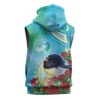 New Zealand Tomtit Sleeveless Hoodie Maori Koru With Pohutukawa Galaxy Style - Aussie Hoodie