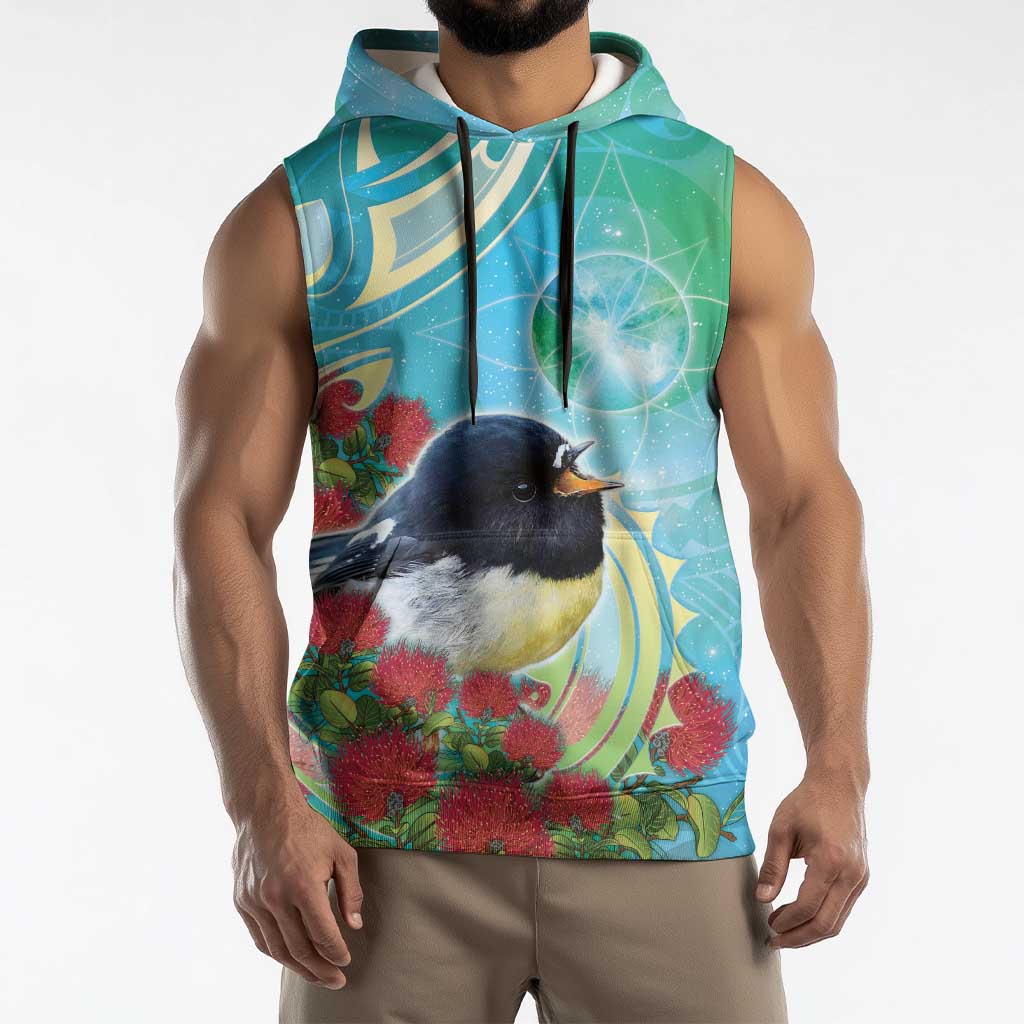 New Zealand Tomtit Sleeveless Hoodie Maori Koru With Pohutukawa Galaxy Style - Aussie Hoodie