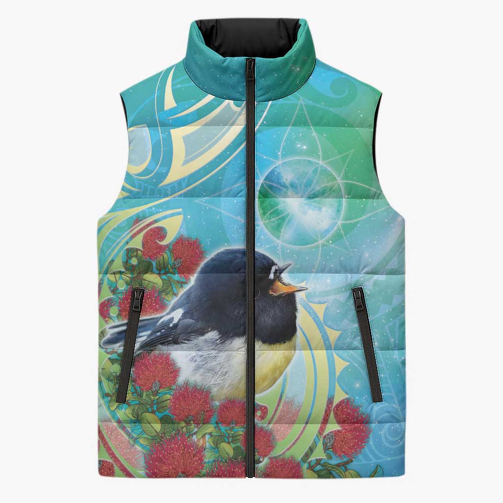 New Zealand Tomtit Sleeveless Puffer Jacket Maori Koru With Pohutukawa Galaxy Style - Aussie Hoodie