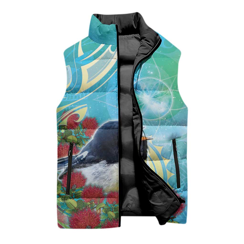 New Zealand Tomtit Sleeveless Puffer Jacket Maori Koru With Pohutukawa Galaxy Style - Aussie Hoodie