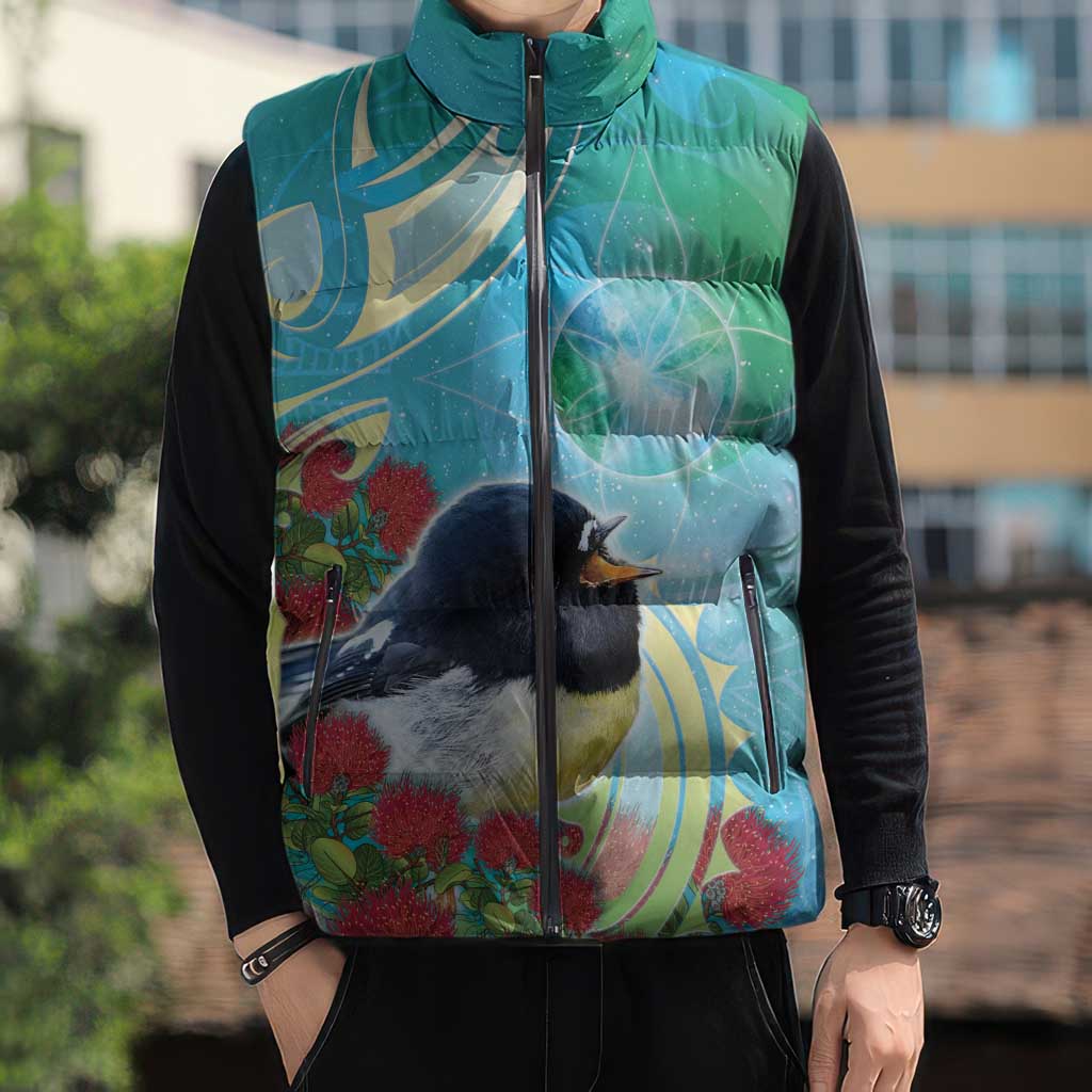 New Zealand Tomtit Sleeveless Puffer Jacket Maori Koru With Pohutukawa Galaxy Style - Aussie Hoodie