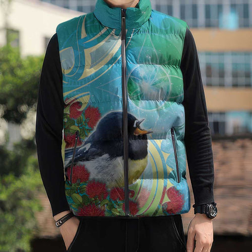 New Zealand Tomtit Sleeveless Puffer Jacket Maori Koru With Pohutukawa Galaxy Style - Aussie Hoodie