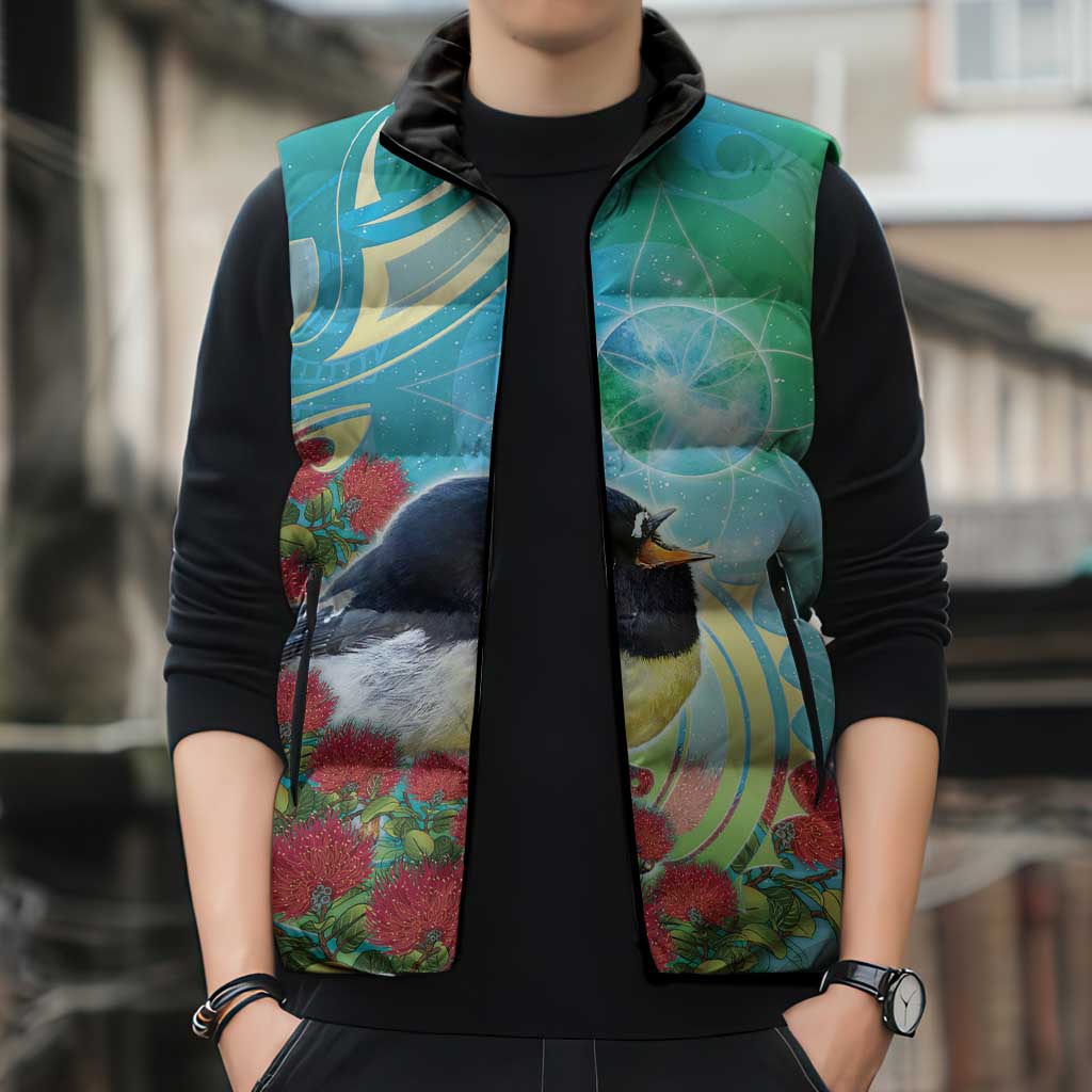 New Zealand Tomtit Sleeveless Puffer Jacket Maori Koru With Pohutukawa Galaxy Style - Aussie Hoodie