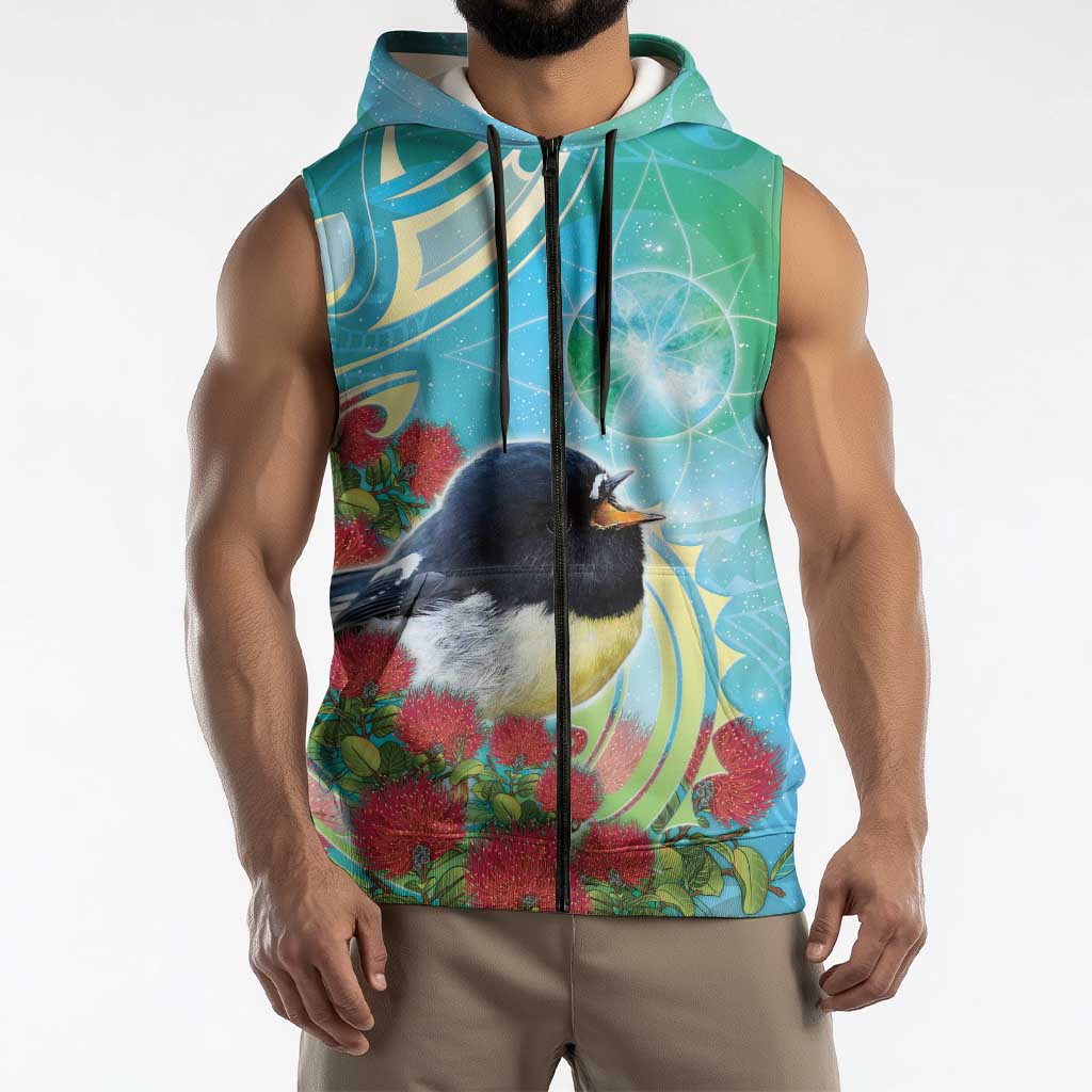 New Zealand Tomtit Sleeveless Zip Hoodie Maori Koru With Pohutukawa Galaxy Style LT05