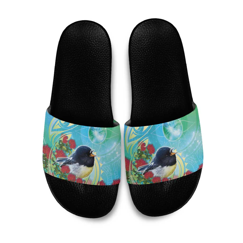 New Zealand Tomtit Slide Sandals Maori Koru With Pohutukawa Galaxy Style - Aussie Hoodie
