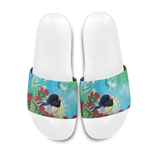 New Zealand Tomtit Slide Sandals Maori Koru With Pohutukawa Galaxy Style - Aussie Hoodie