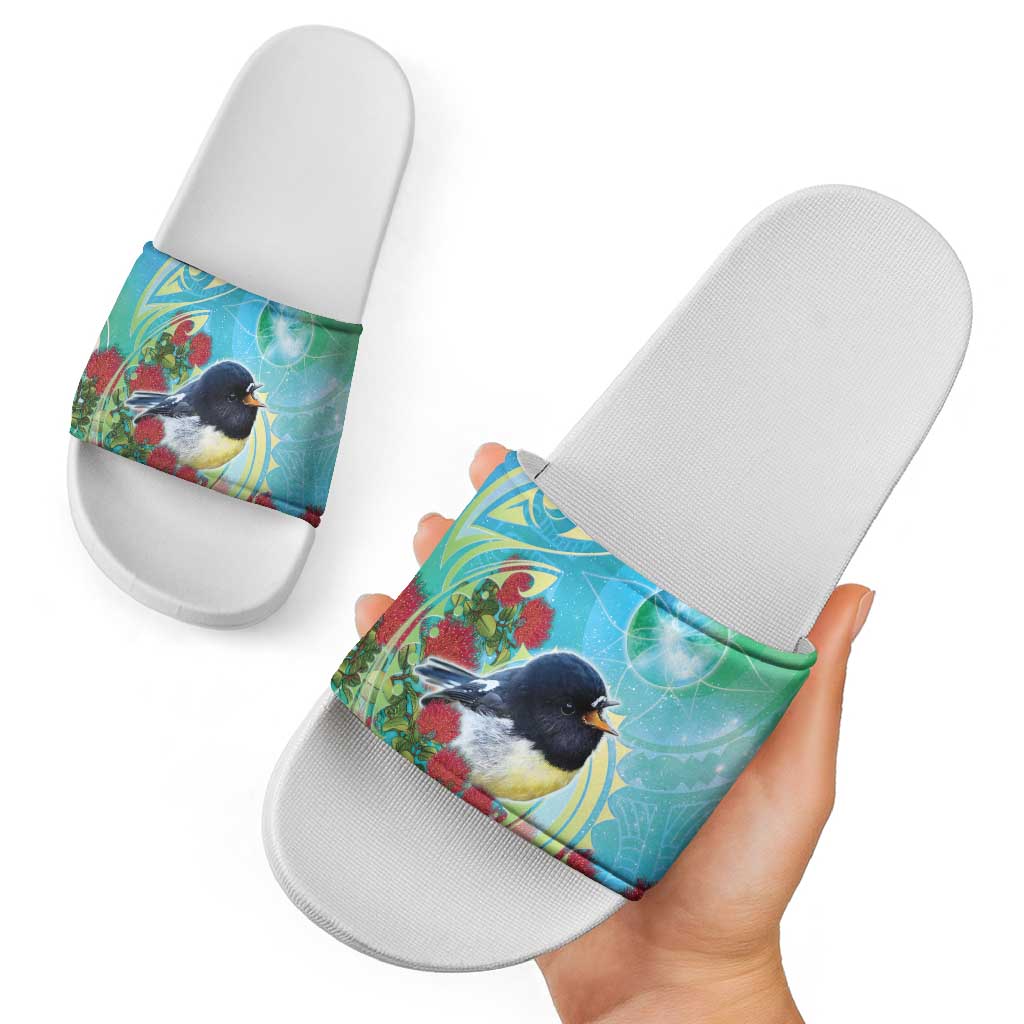 New Zealand Tomtit Slide Sandals Maori Koru With Pohutukawa Galaxy Style - Aussie Hoodie