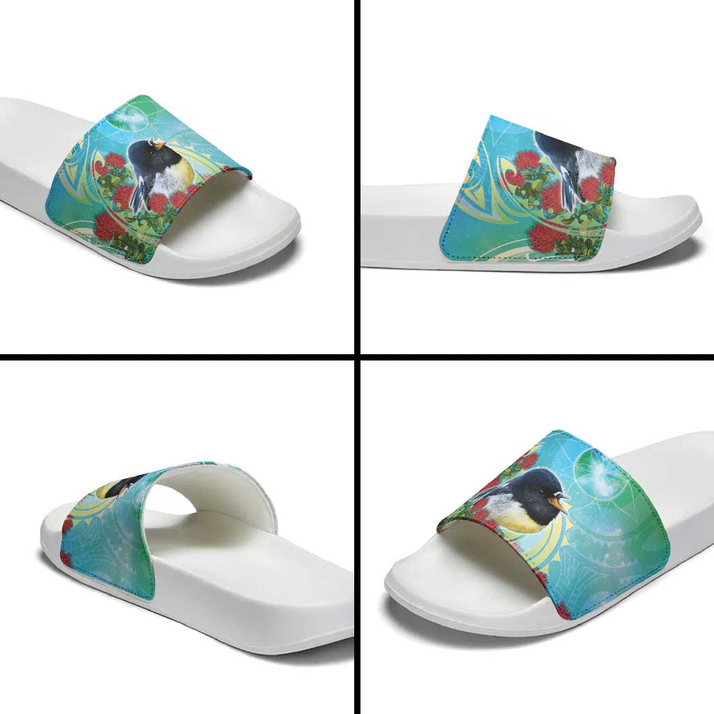 New Zealand Tomtit Slide Sandals Maori Koru With Pohutukawa Galaxy Style - Aussie Hoodie