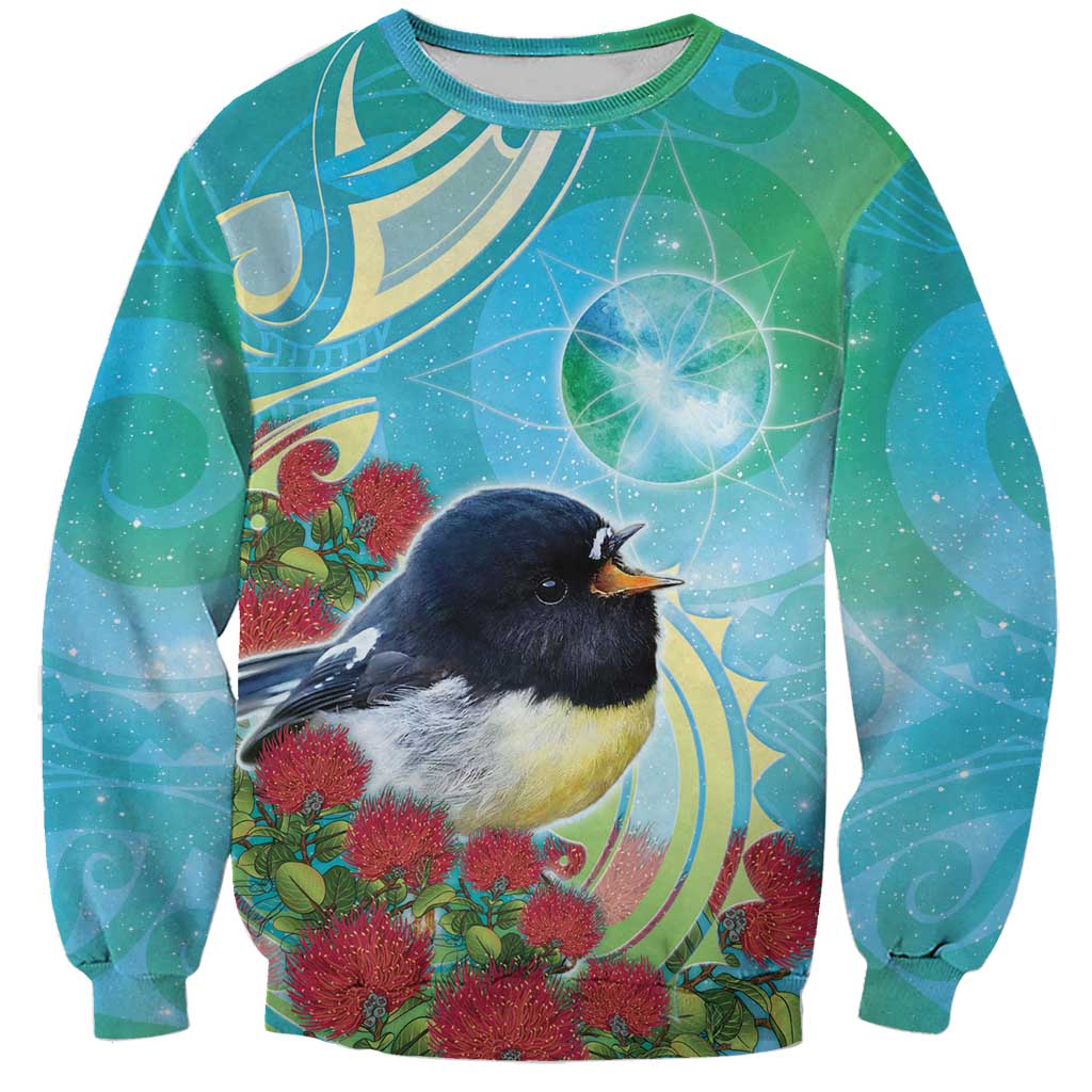 New Zealand Tomtit Sweatshirt Maori Koru With Pohutukawa Galaxy Style - Aussie Hoodie