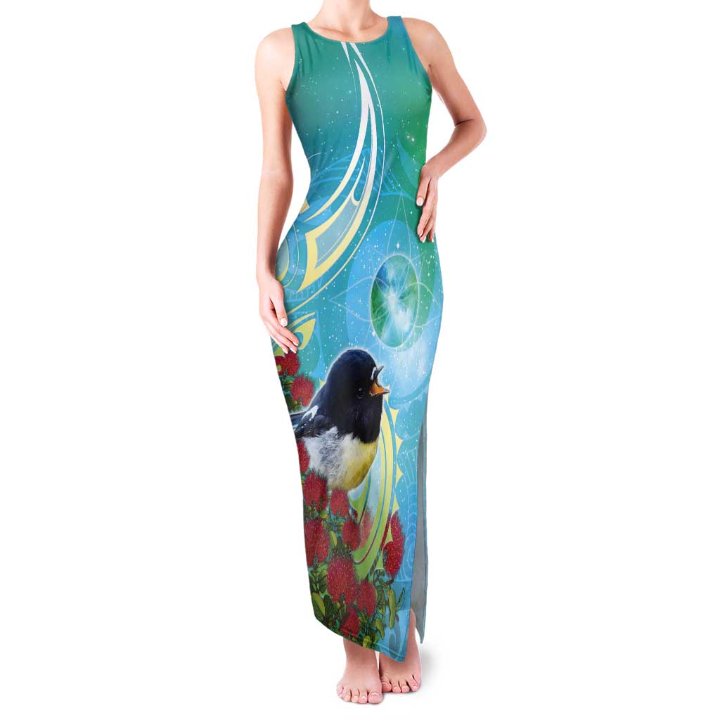 New Zealand Tomtit Tank Maxi Dress Maori Koru With Pohutukawa Galaxy Style - Aussie Hoodie