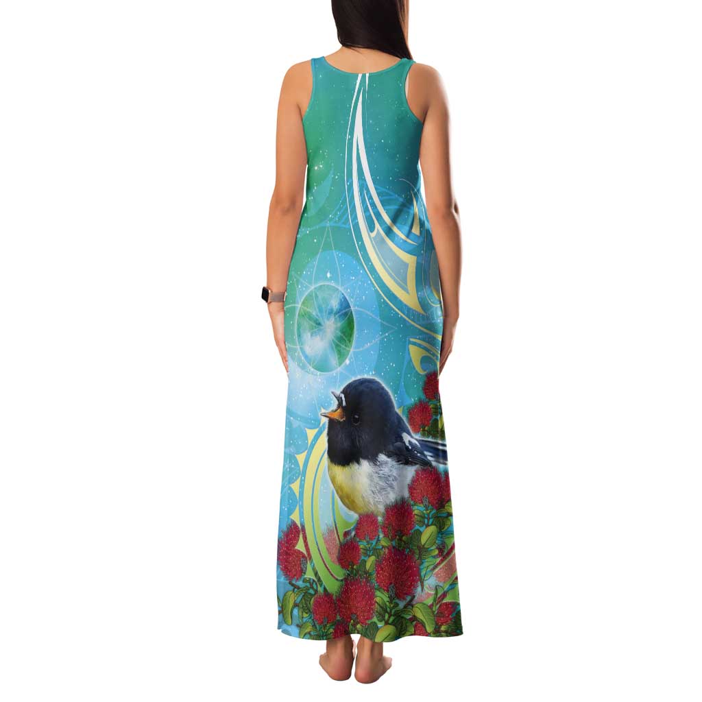 New Zealand Tomtit Tank Maxi Dress Maori Koru With Pohutukawa Galaxy Style - Aussie Hoodie
