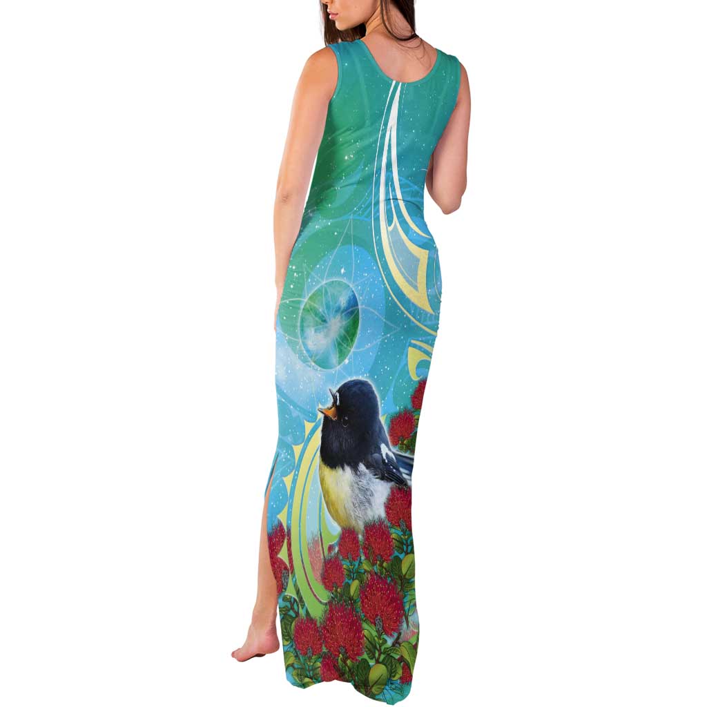 New Zealand Tomtit Tank Maxi Dress Maori Koru With Pohutukawa Galaxy Style - Aussie Hoodie