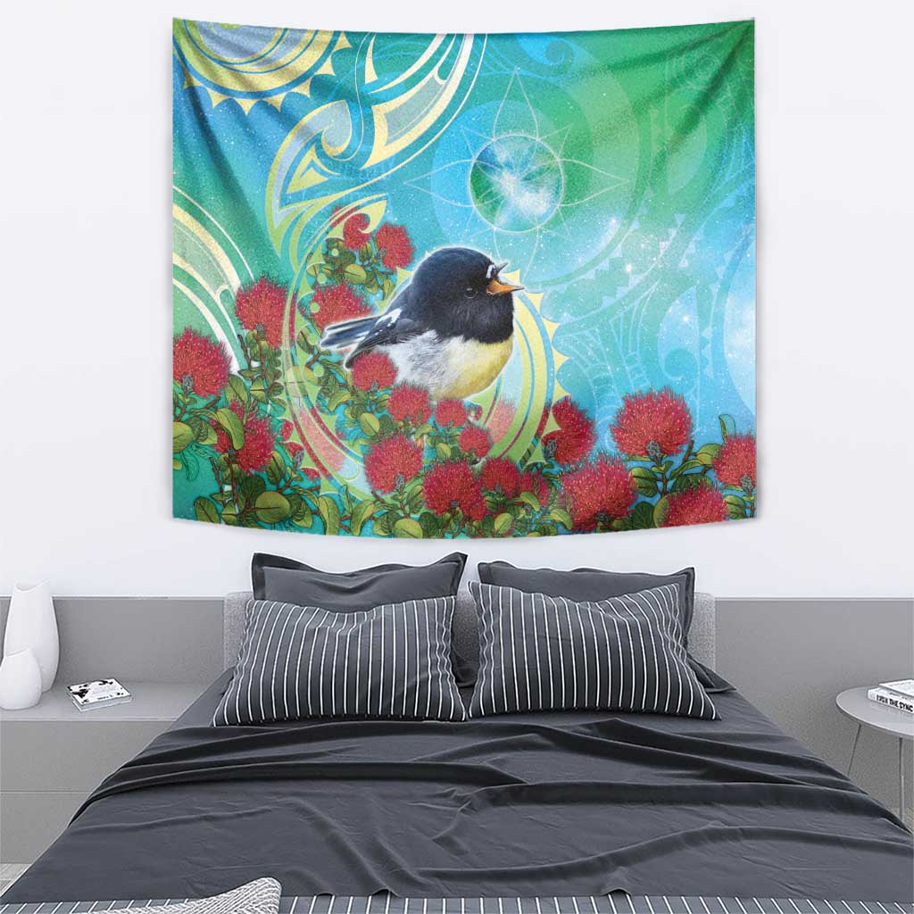 New Zealand Tomtit Tapestry Maori Koru With Pohutukawa Galaxy Style - Aussie Hoodie