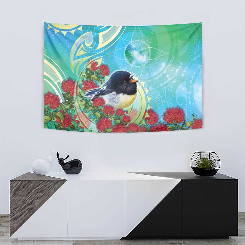 New Zealand Tomtit Tapestry Maori Koru With Pohutukawa Galaxy Style - Aussie Hoodie