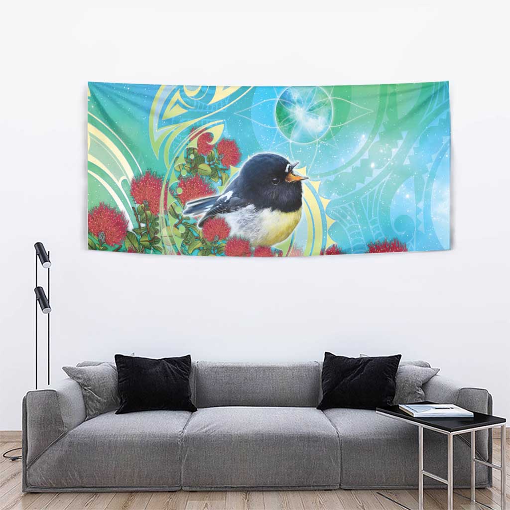 New Zealand Tomtit Tapestry Maori Koru With Pohutukawa Galaxy Style - Aussie Hoodie