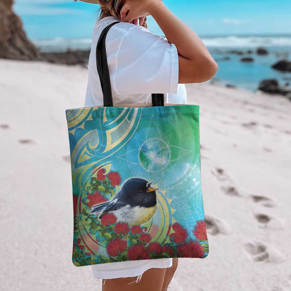 New Zealand Tomtit Tote Bag Maori Koru With Pohutukawa Galaxy Style - Aussie Hoodie