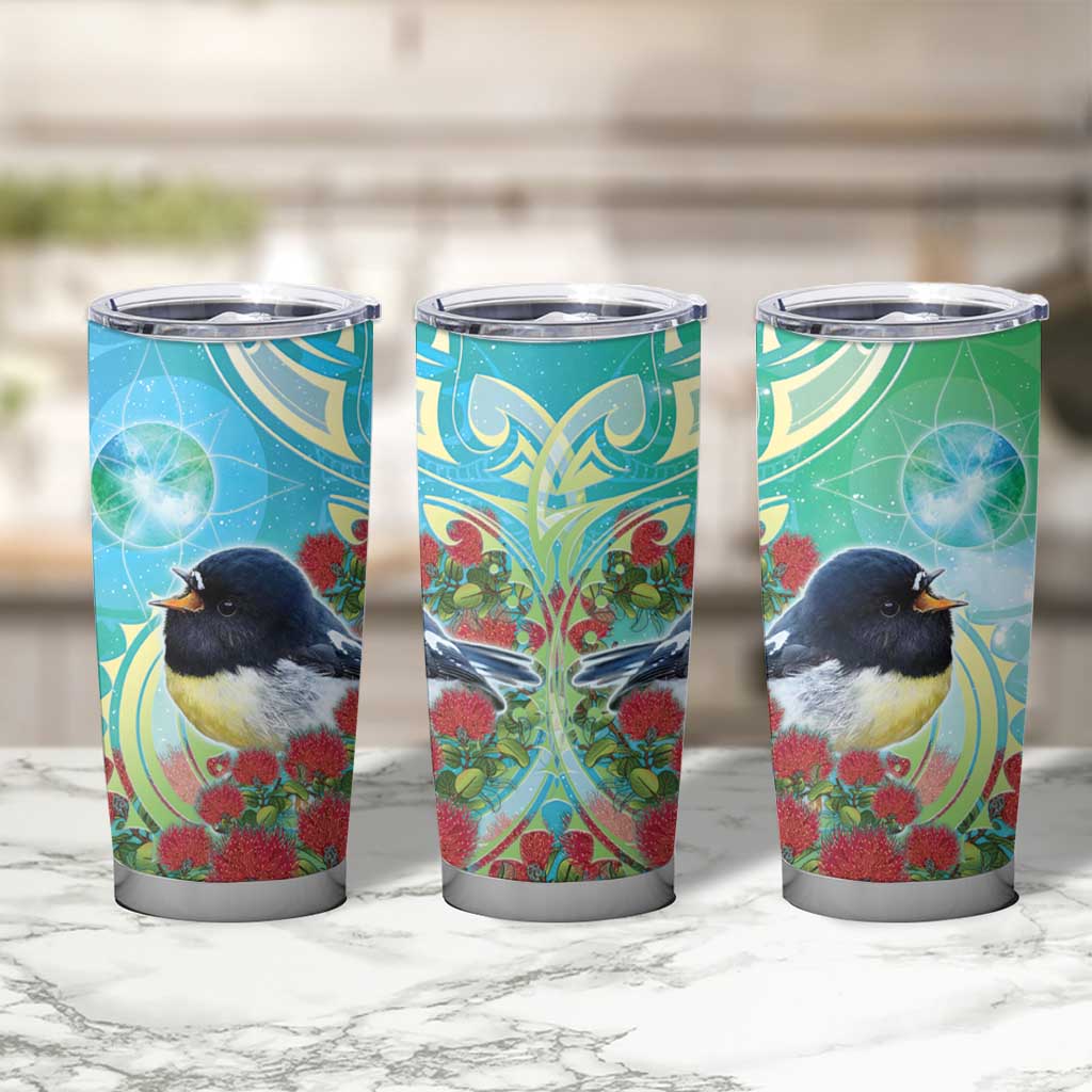 New Zealand Tomtit Tumbler Cup Maori Koru With Pohutukawa Galaxy Style - Aussie Hoodie