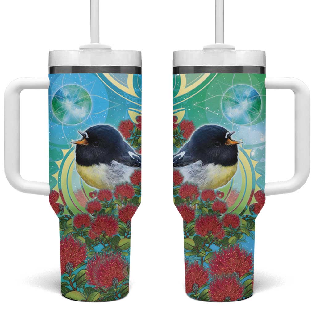 New Zealand Tomtit Tumbler With Handle Maori Koru With Pohutukawa Galaxy Style - Aussie Hoodie