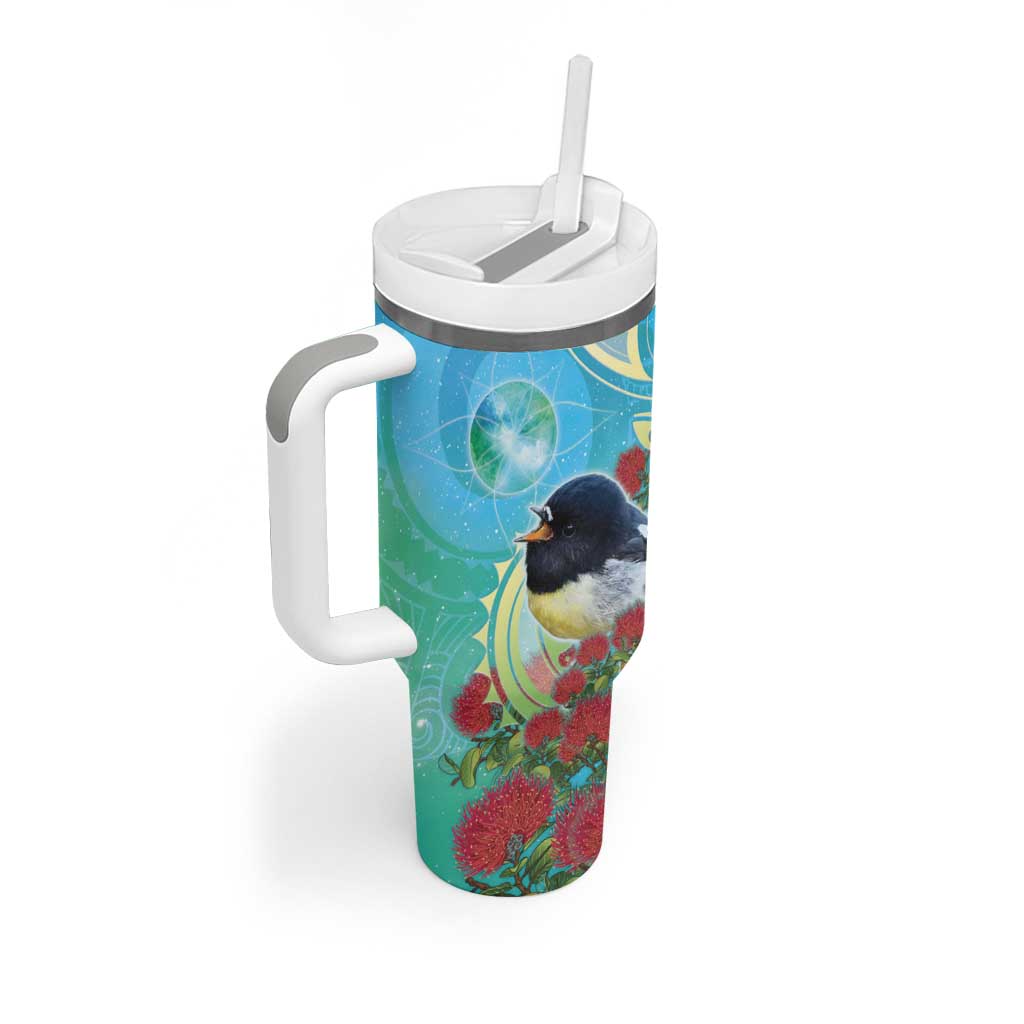 New Zealand Tomtit Tumbler With Handle Maori Koru With Pohutukawa Galaxy Style - Aussie Hoodie