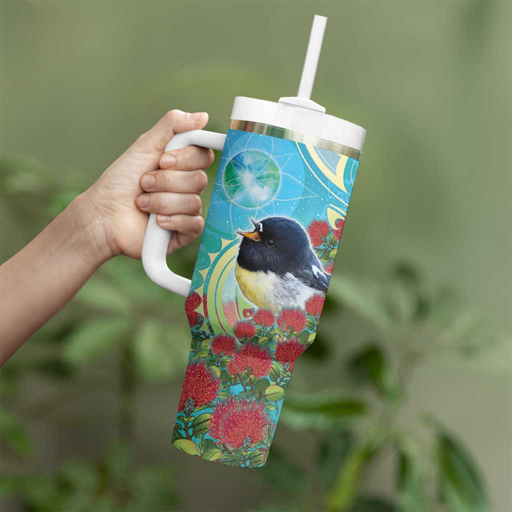 New Zealand Tomtit Tumbler With Handle Maori Koru With Pohutukawa Galaxy Style - Aussie Hoodie