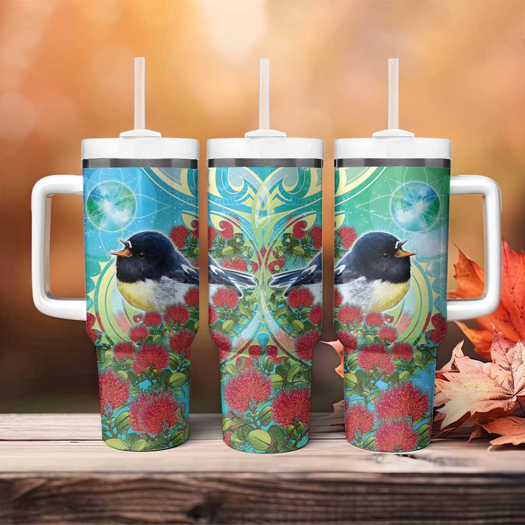 New Zealand Tomtit Tumbler With Handle Maori Koru With Pohutukawa Galaxy Style - Aussie Hoodie