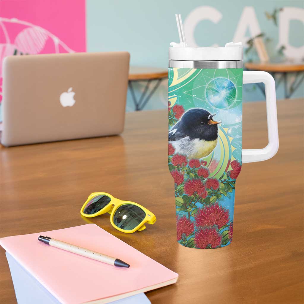 New Zealand Tomtit Tumbler With Handle Maori Koru With Pohutukawa Galaxy Style - Aussie Hoodie