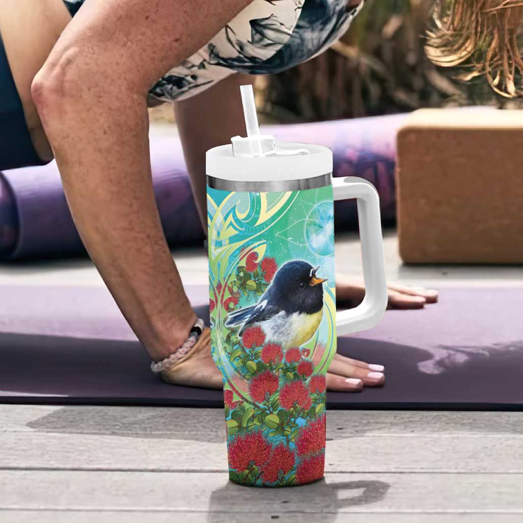 New Zealand Tomtit Tumbler With Handle Maori Koru With Pohutukawa Galaxy Style - Aussie Hoodie