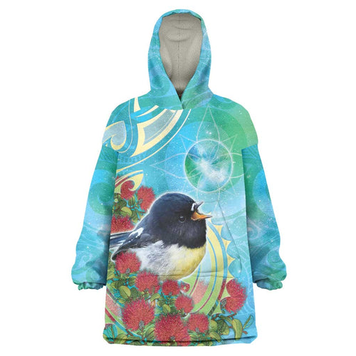New Zealand Tomtit Wearable Blanket Hoodie Maori Koru With Pohutukawa Galaxy Style - Aussie Hoodie