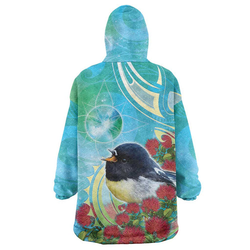 New Zealand Tomtit Wearable Blanket Hoodie Maori Koru With Pohutukawa Galaxy Style - Aussie Hoodie