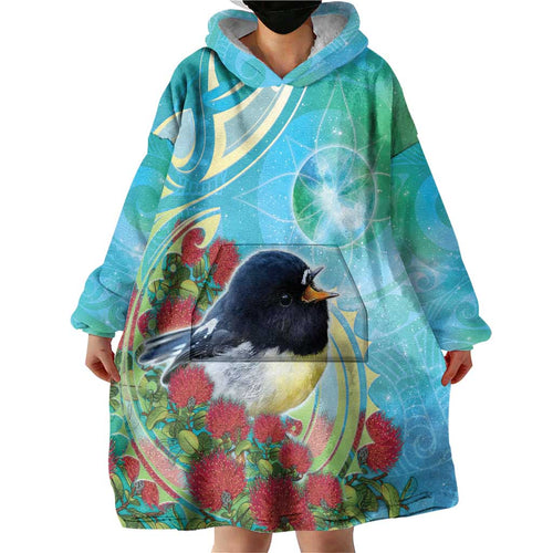 New Zealand Tomtit Wearable Blanket Hoodie Maori Koru With Pohutukawa Galaxy Style - Aussie Hoodie