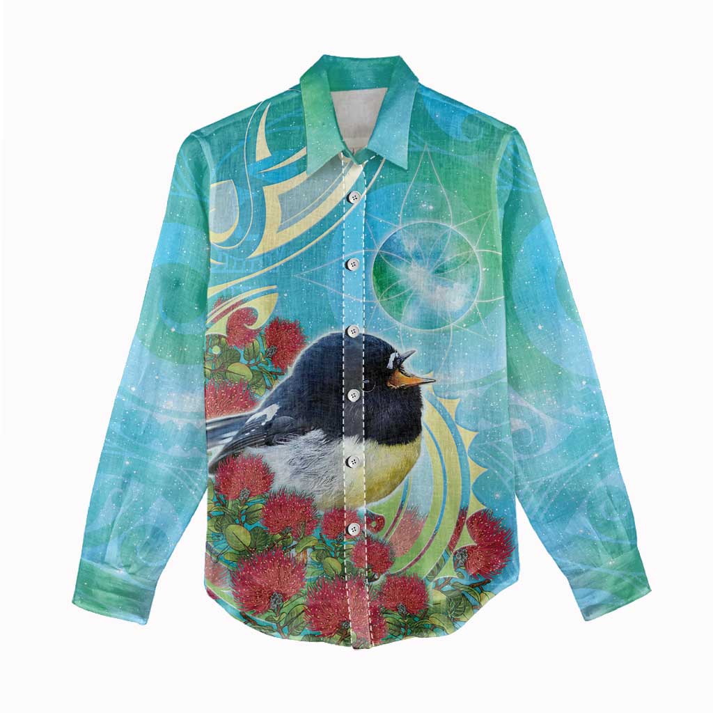 New Zealand Tomtit Women Casual Shirt Maori Koru With Pohutukawa Galaxy Style - Aussie Hoodie
