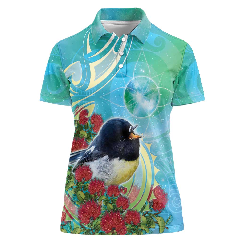 New Zealand Tomtit Women Polo Shirt Maori Koru With Pohutukawa Galaxy Style - Aussie Hoodie