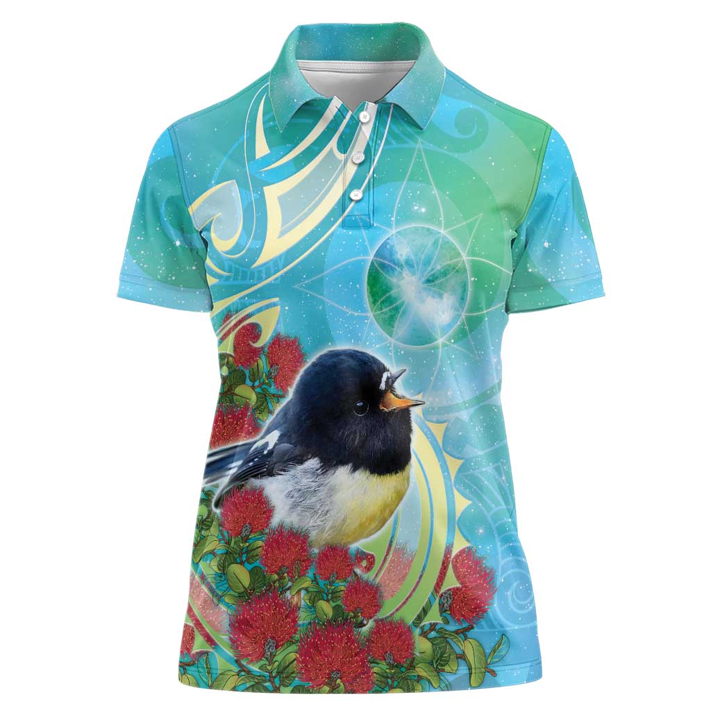 New Zealand Tomtit Women Polo Shirt Maori Koru With Pohutukawa Galaxy Style - Aussie Hoodie