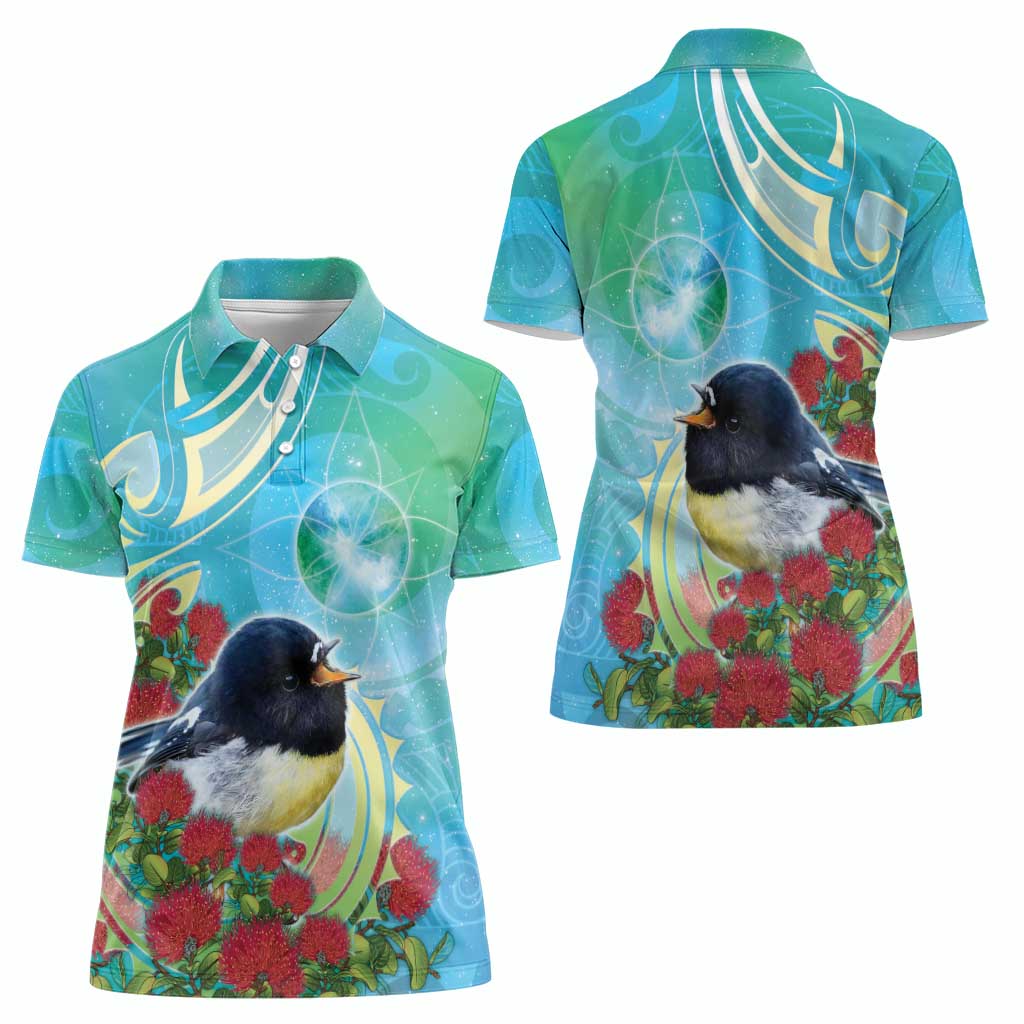 New Zealand Tomtit Women Polo Shirt Maori Koru With Pohutukawa Galaxy Style - Aussie Hoodie
