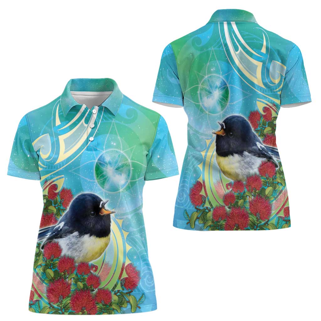 New Zealand Tomtit Women Polo Shirt Maori Koru With Pohutukawa Galaxy Style - Aussie Hoodie