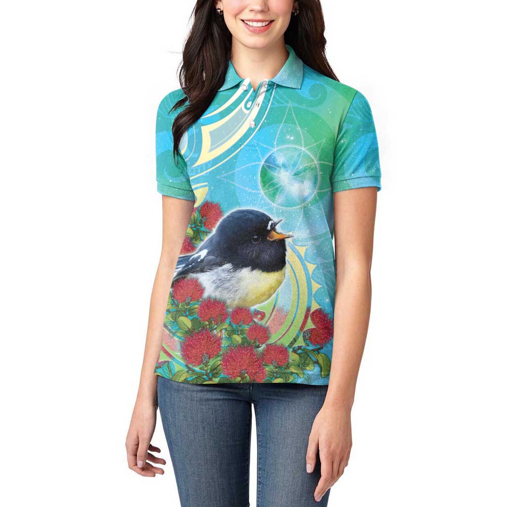 New Zealand Tomtit Women Polo Shirt Maori Koru With Pohutukawa Galaxy Style - Aussie Hoodie