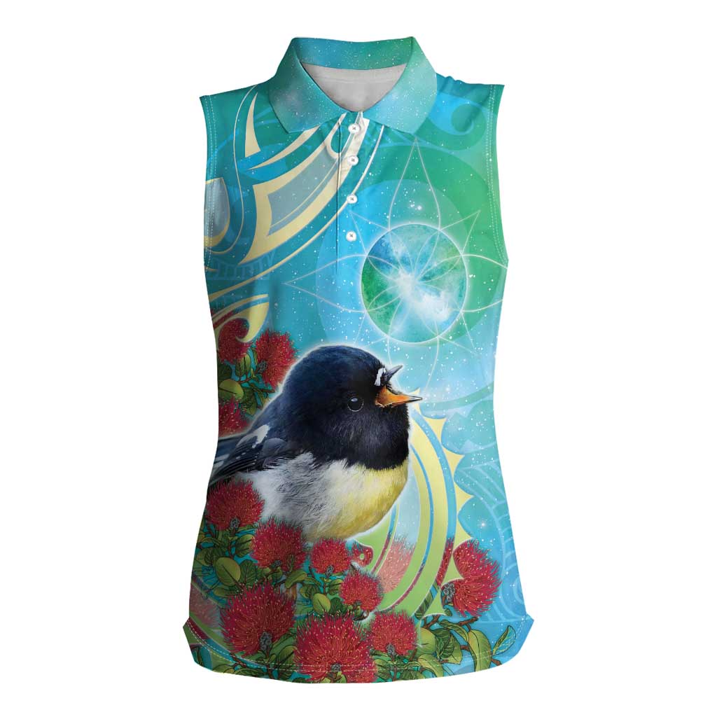 New Zealand Tomtit Women Sleeveless Polo Shirt Maori Koru With Pohutukawa Galaxy Style - Aussie Hoodie