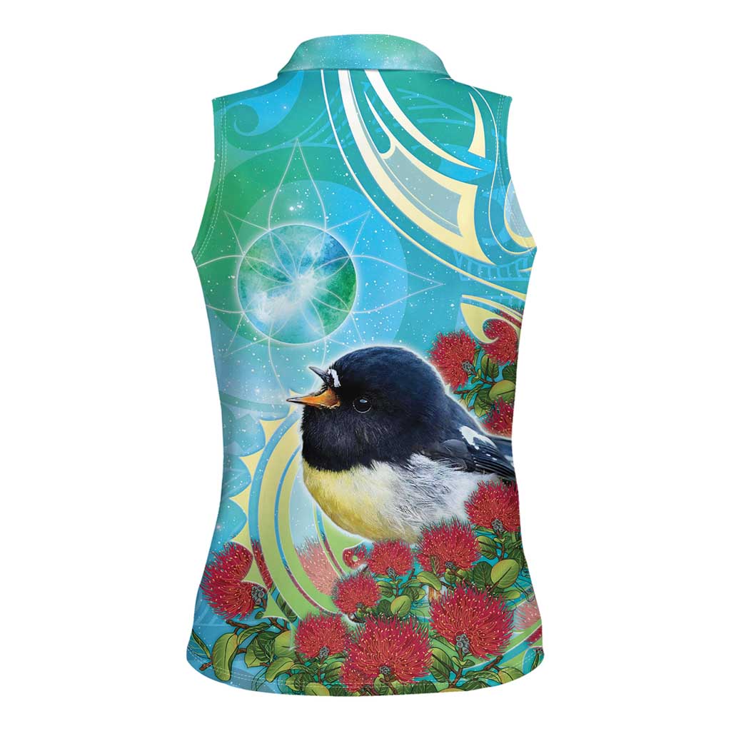 New Zealand Tomtit Women Sleeveless Polo Shirt Maori Koru With Pohutukawa Galaxy Style - Aussie Hoodie