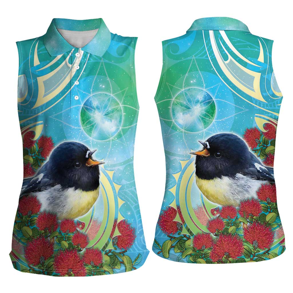 New Zealand Tomtit Women Sleeveless Polo Shirt Maori Koru With Pohutukawa Galaxy Style - Aussie Hoodie