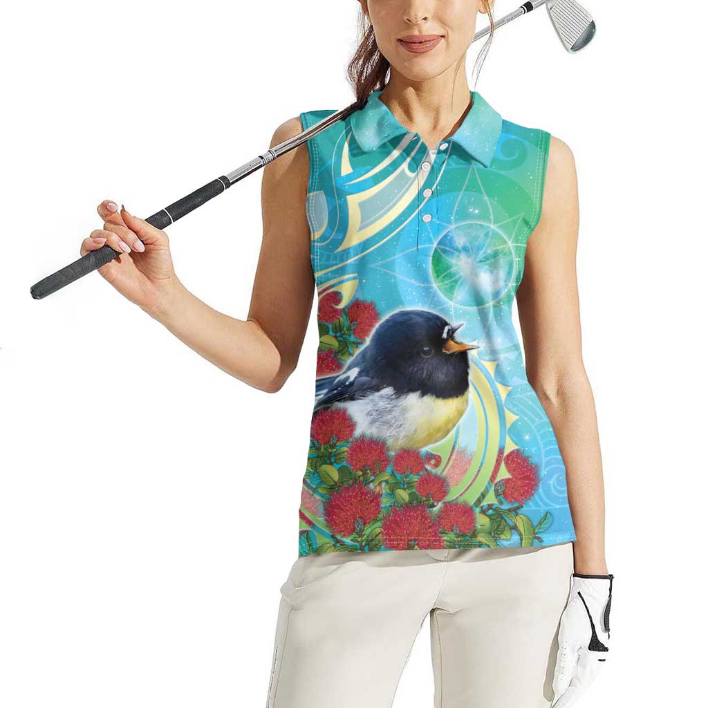 New Zealand Tomtit Women Sleeveless Polo Shirt Maori Koru With Pohutukawa Galaxy Style - Aussie Hoodie