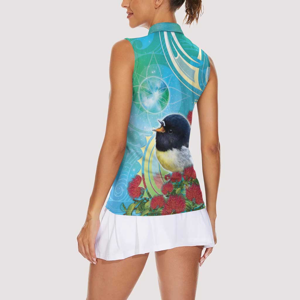 New Zealand Tomtit Women Sleeveless Polo Shirt Maori Koru With Pohutukawa Galaxy Style - Aussie Hoodie