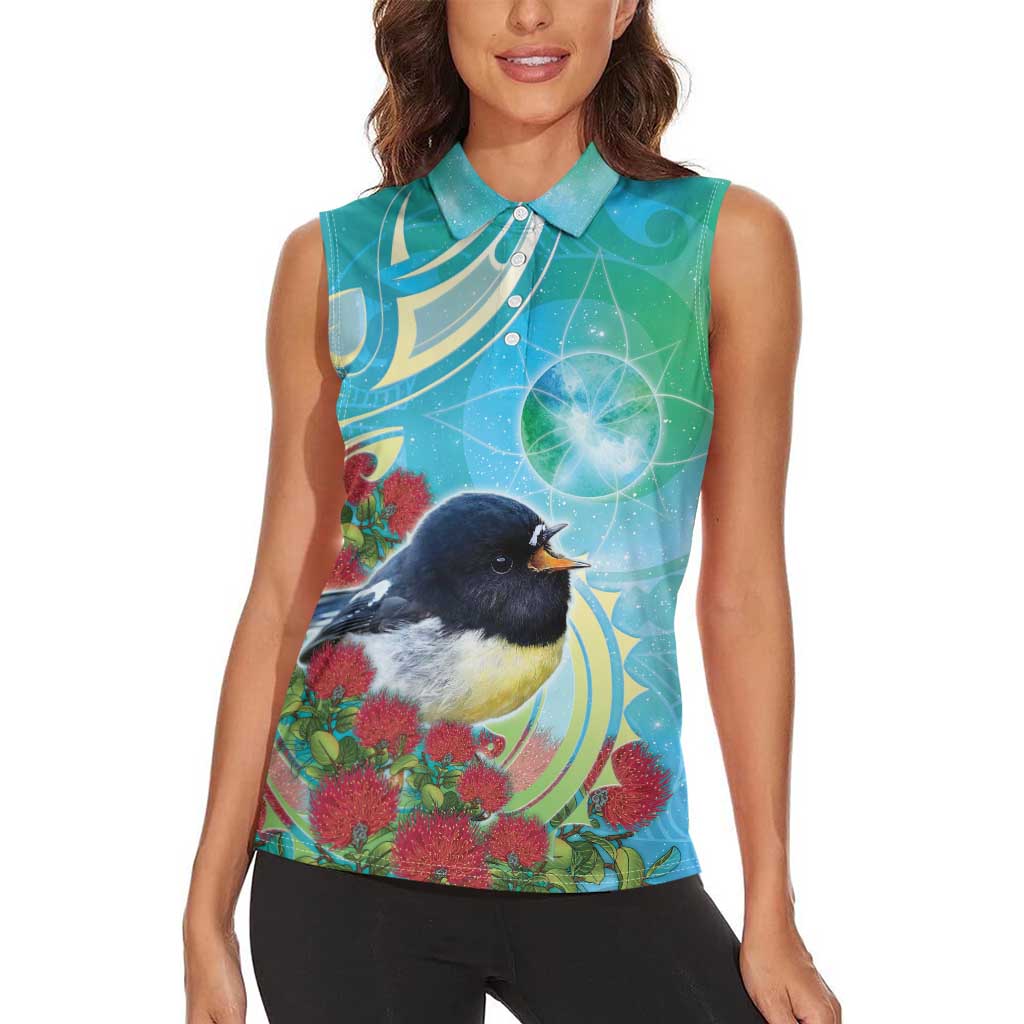 New Zealand Tomtit Women Sleeveless Polo Shirt Maori Koru With Pohutukawa Galaxy Style - Aussie Hoodie