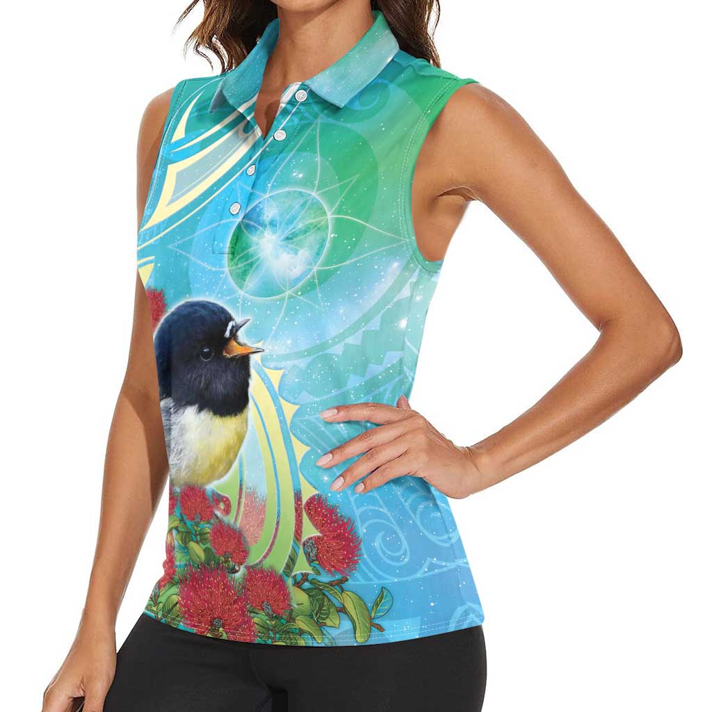 New Zealand Tomtit Women Sleeveless Polo Shirt Maori Koru With Pohutukawa Galaxy Style - Aussie Hoodie