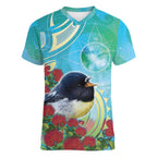 New Zealand Tomtit Women V-Neck T-Shirt Maori Koru With Pohutukawa Galaxy Style - Aussie Hoodie