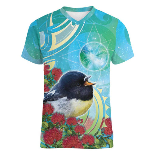 New Zealand Tomtit Women V-Neck T-Shirt Maori Koru With Pohutukawa Galaxy Style - Aussie Hoodie