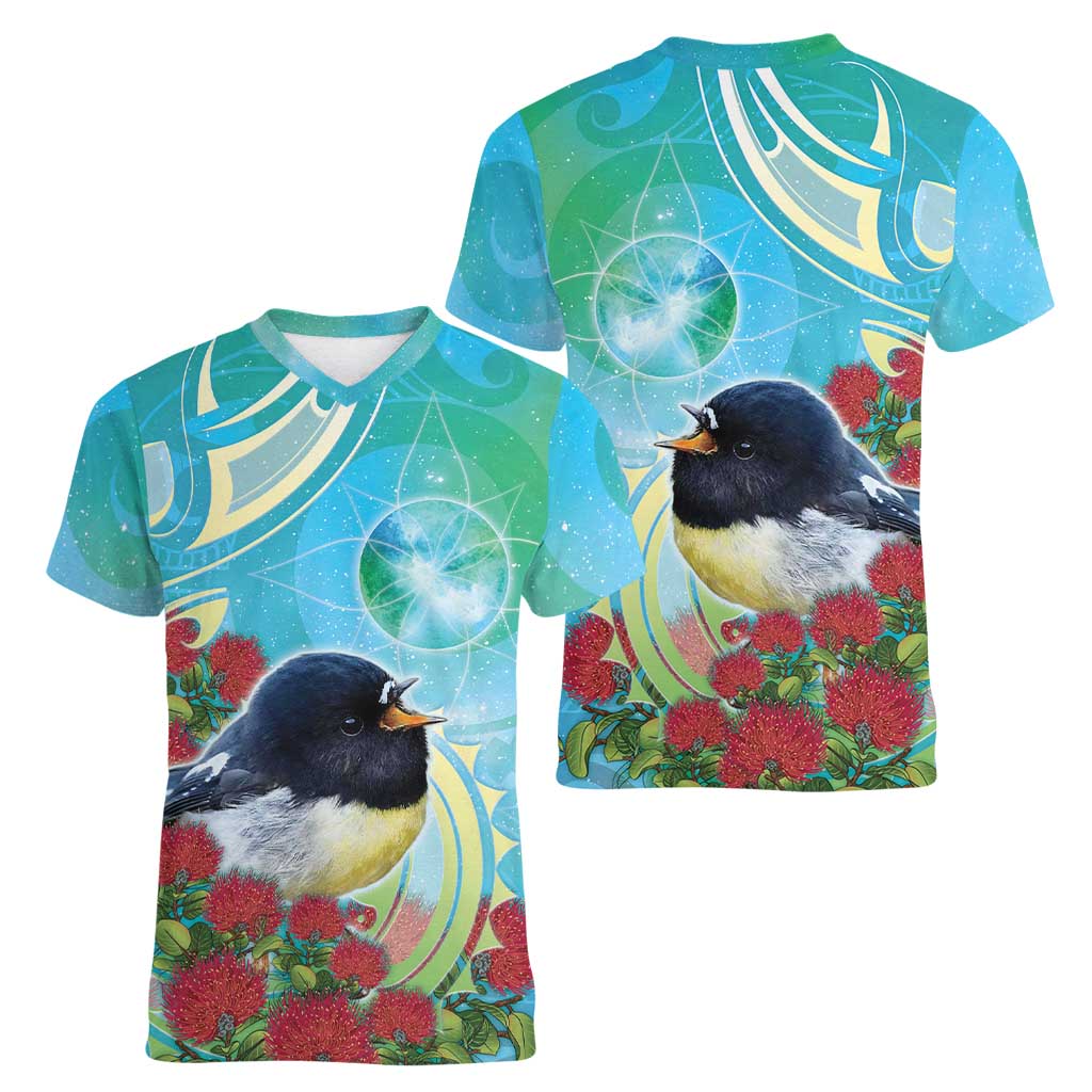 New Zealand Tomtit Women V-Neck T-Shirt Maori Koru With Pohutukawa Galaxy Style - Aussie Hoodie